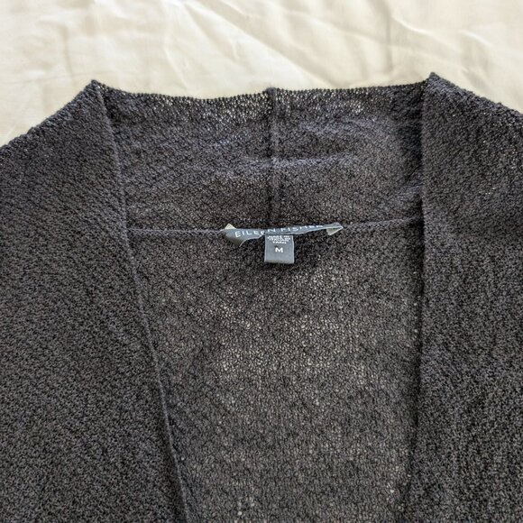 EILEEN FISHER Cardigan Womens M Black Wool Open Witchy Knit Long Sleeve FLAWS - Picture 8 of 12